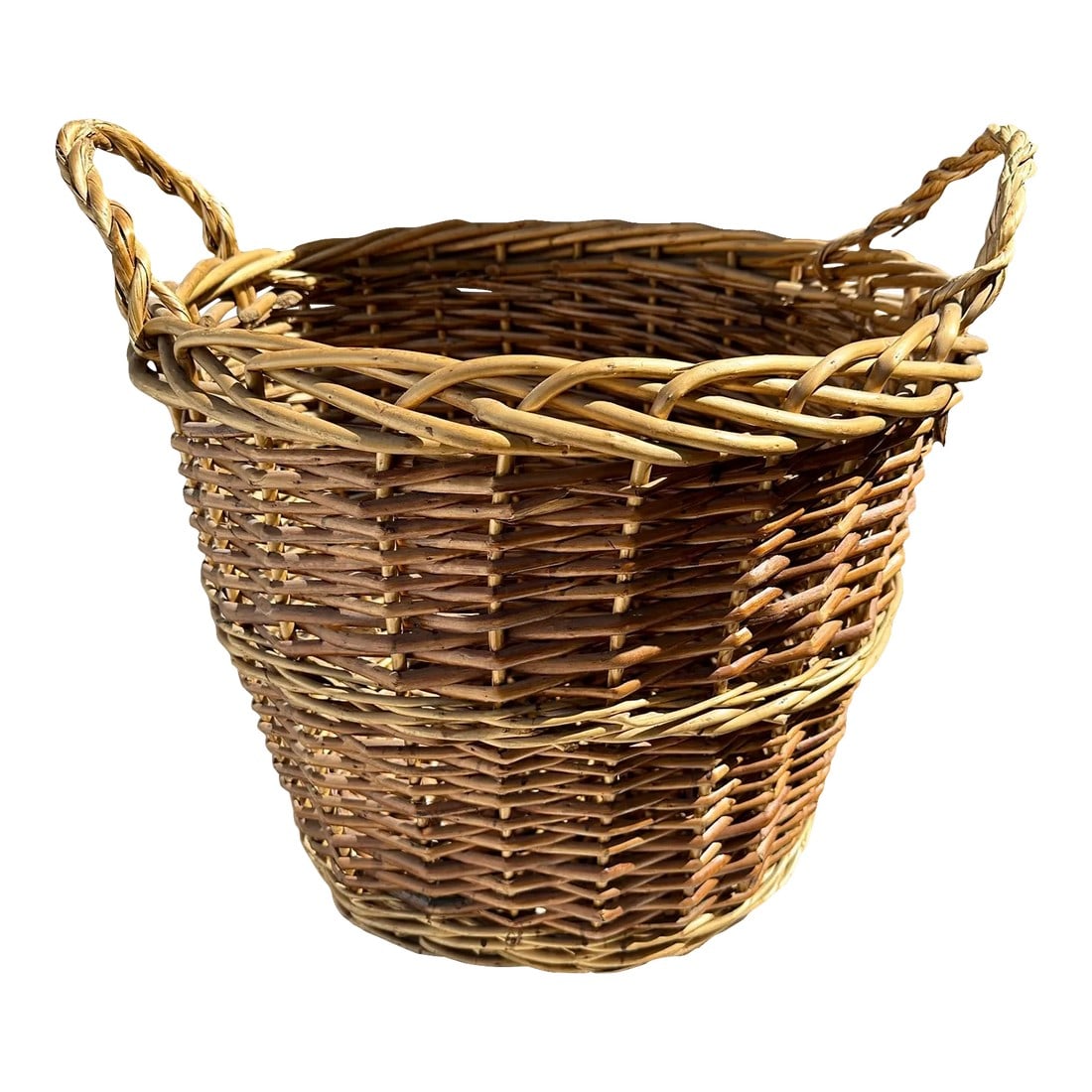 Rustic European Style Storage Basket: Rustic European Style Storage Basket with braided trim and handles. Great for blankets or wood logs, even great for a kids room for stuffed animals. 19.5in round basket 16.5in h 19in h to handles
