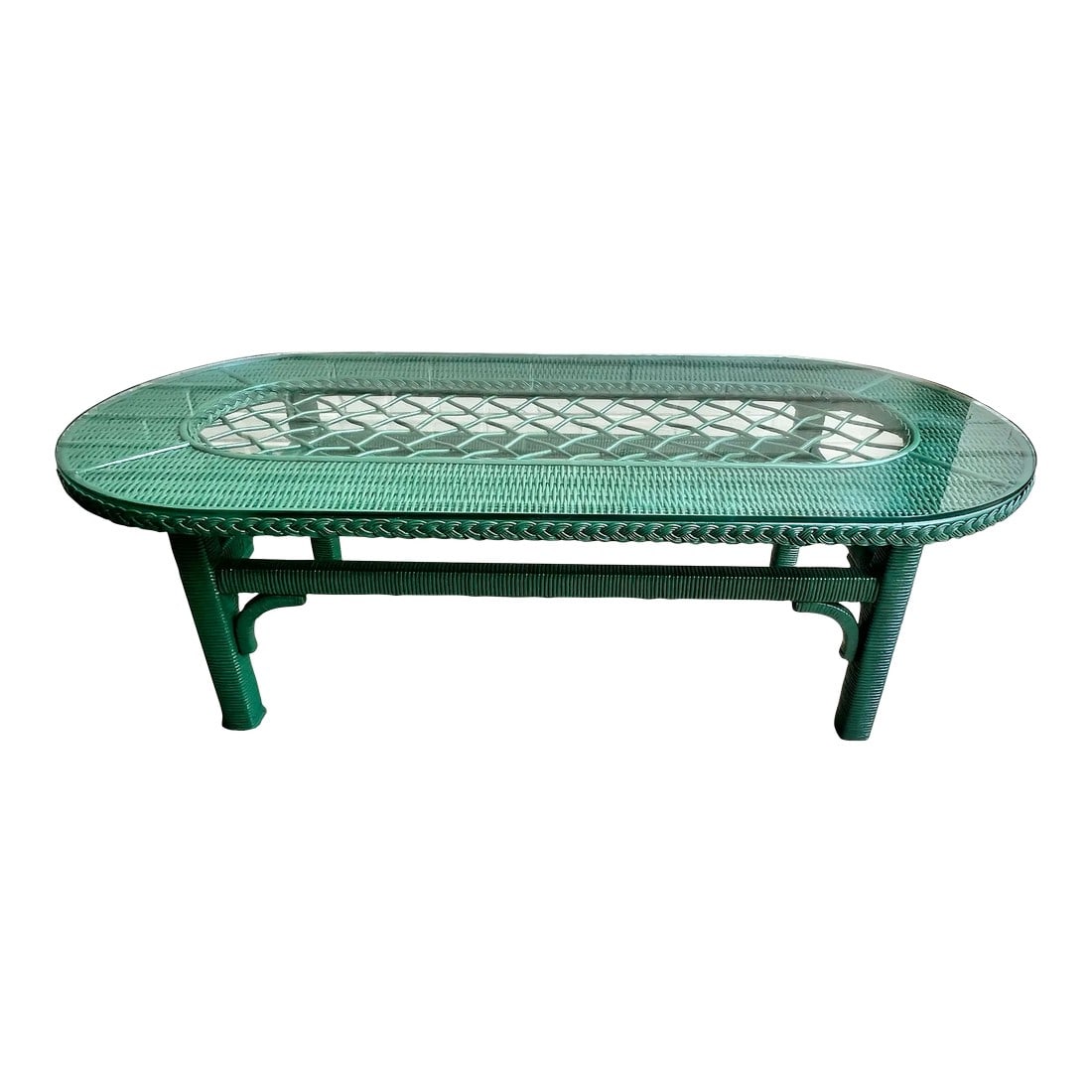 Late 20th Century Vintage Oval Wicker Coffee Table With Glass Top Attributed to Henry Link in Congo: This Vintage wicker coffee table, Attributed to Henry Link (no makers mark is present) is a unique piece that has been beautifully painted in Congo Green, giving it a fresh and vibrant look. The oval