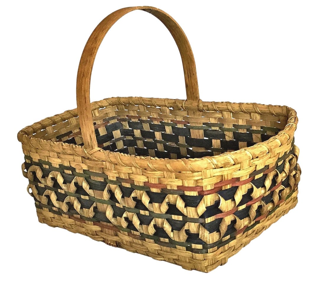 1900s Arts and Crafts Flat Reed With Splint Oak Curls Basket: This large antique basket is in near perfect condition. It has been well kept for decades. I have searched high and low trying to find this particular type of weaving. The top main handle has small