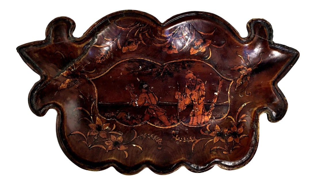 1900s Chinese Wood Platter Tray With Gold Painting: Very old wooden tray hand painted with gold Lacquer paint. This platter has the label from the customs which allows Antiques over 100 years old to leave China. This left China in the 80's. It does