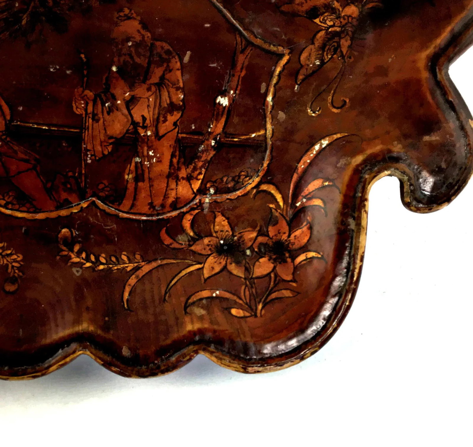 1900s Chinese Wood Platter Tray With Gold Painting - 4