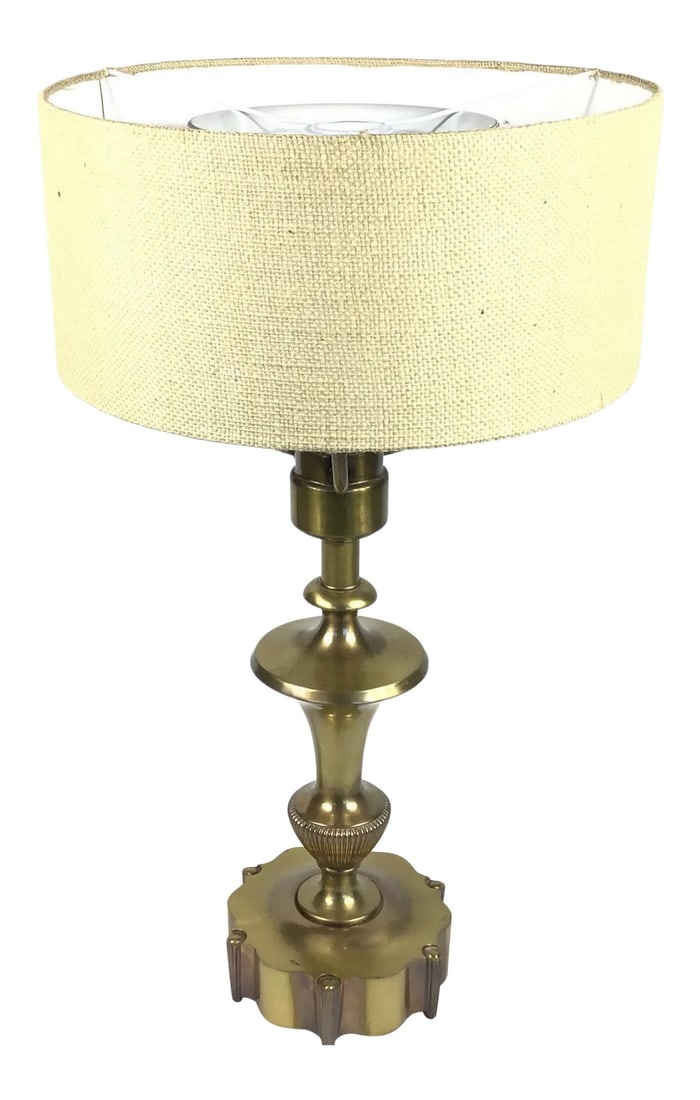 1950s Large Brass Neoclassical Table Lamp With Shade: Very interesting design all over this lamp. From the base which looks a bit Art Deco to the middle part which is a bit Art Nouveau to the upper part which has a round fluorescent bulb on a separate sw