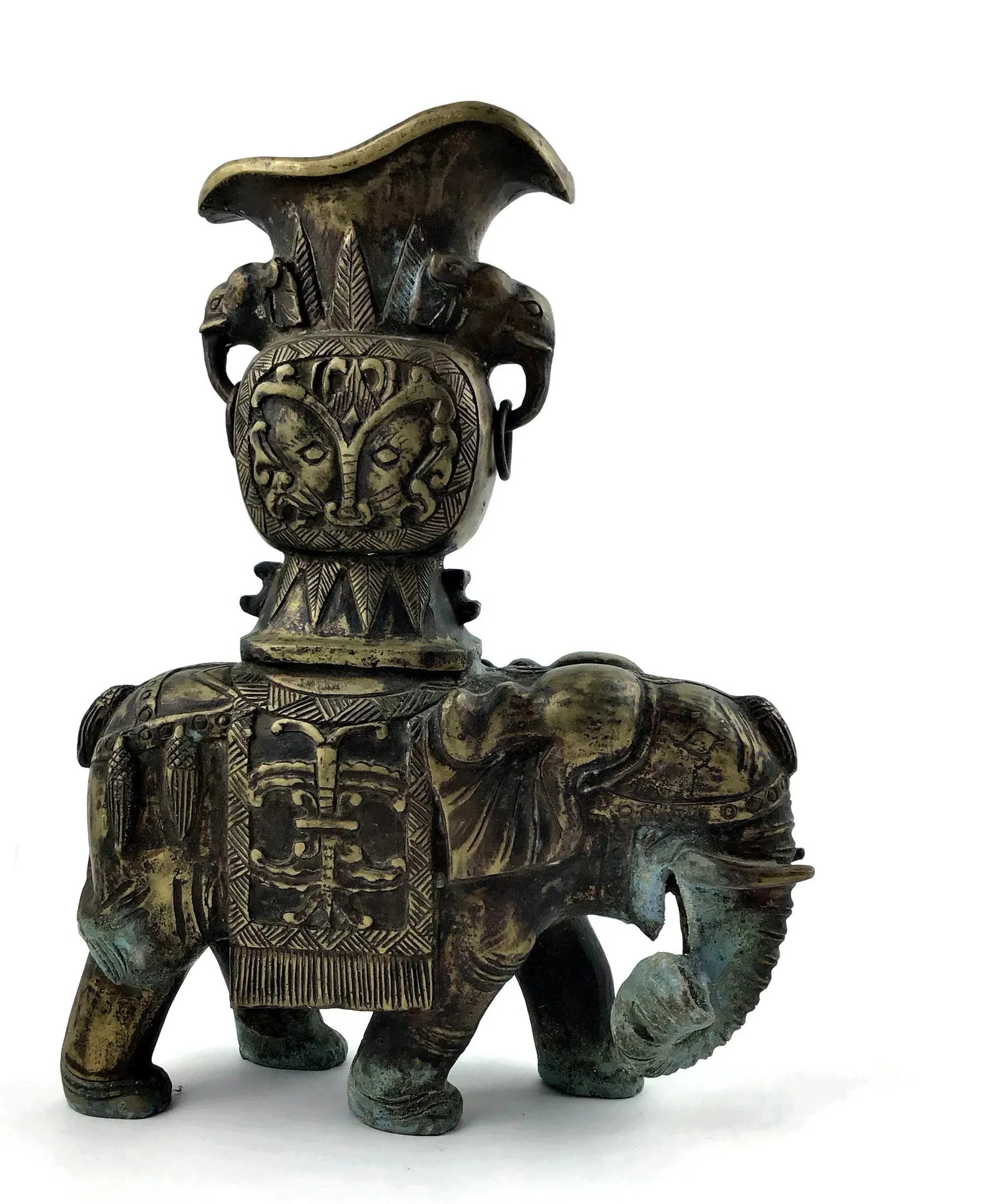 1920's Vintage Solid Brass Carved Elephant Vase - 13