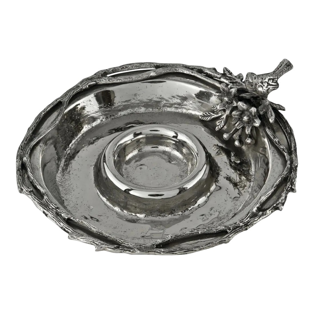 Bird & Branch Chip & Dip Server: Beautiful chip and dip server featuring a branch around the rim and a sweet little bird sitting atop. Made of cast metal. Condition: Alterations: Original Condition Unaltered Imperfections: Some