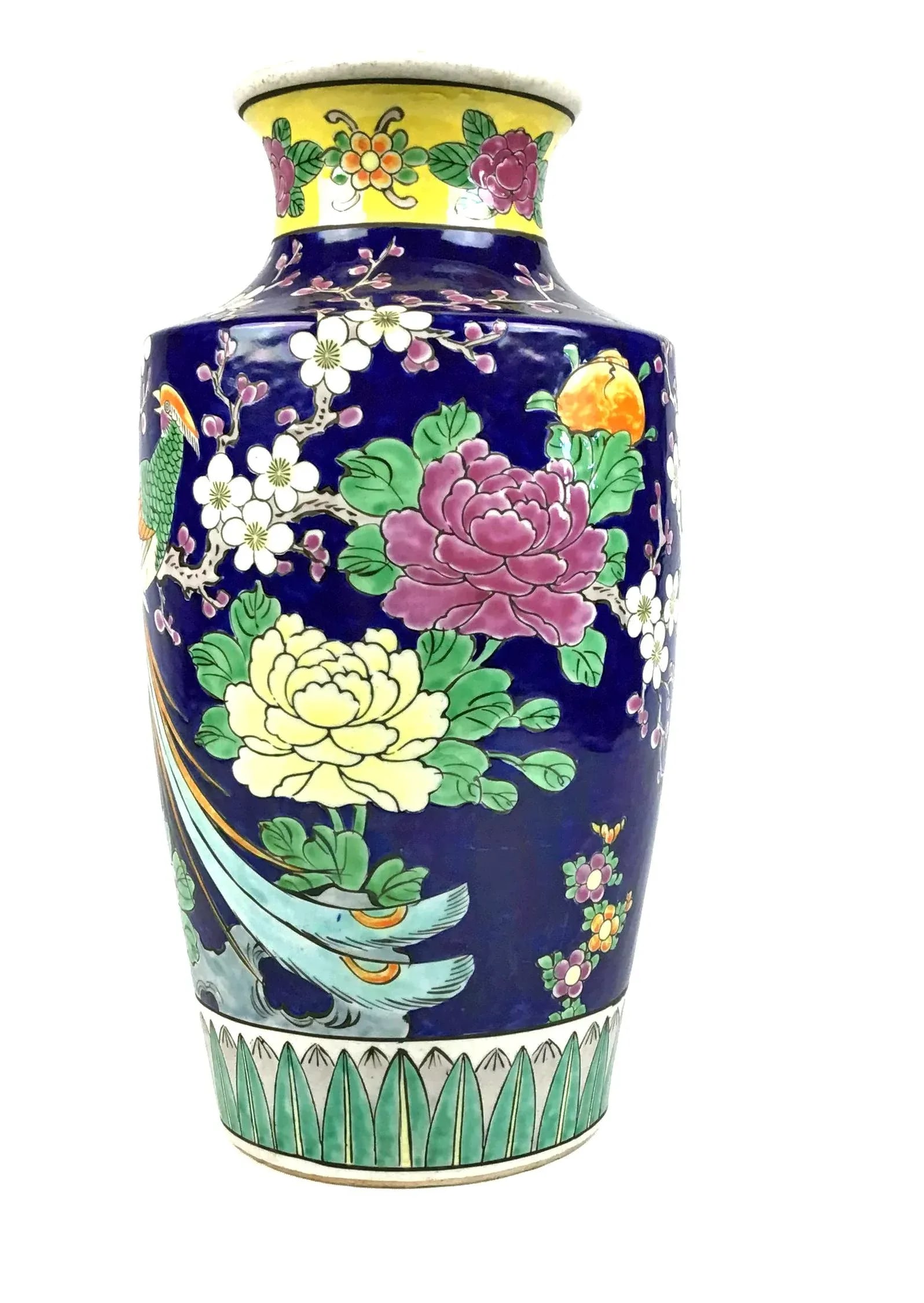 1950's Vintage Japan Double Peacock Cobalt Hand Painted Vase - 2