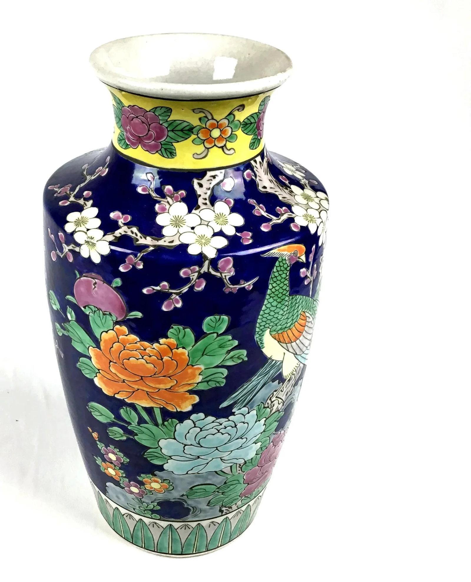 1950's Vintage Japan Double Peacock Cobalt Hand Painted Vase - 3