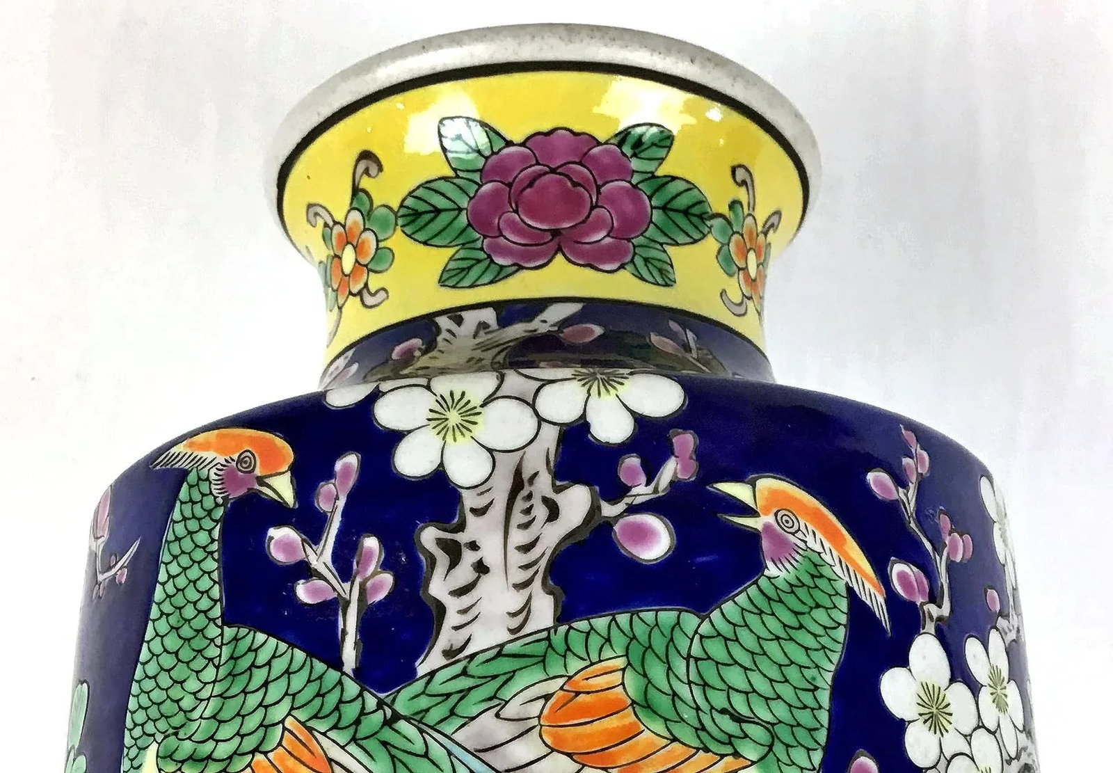 1950's Vintage Japan Double Peacock Cobalt Hand Painted Vase - 9