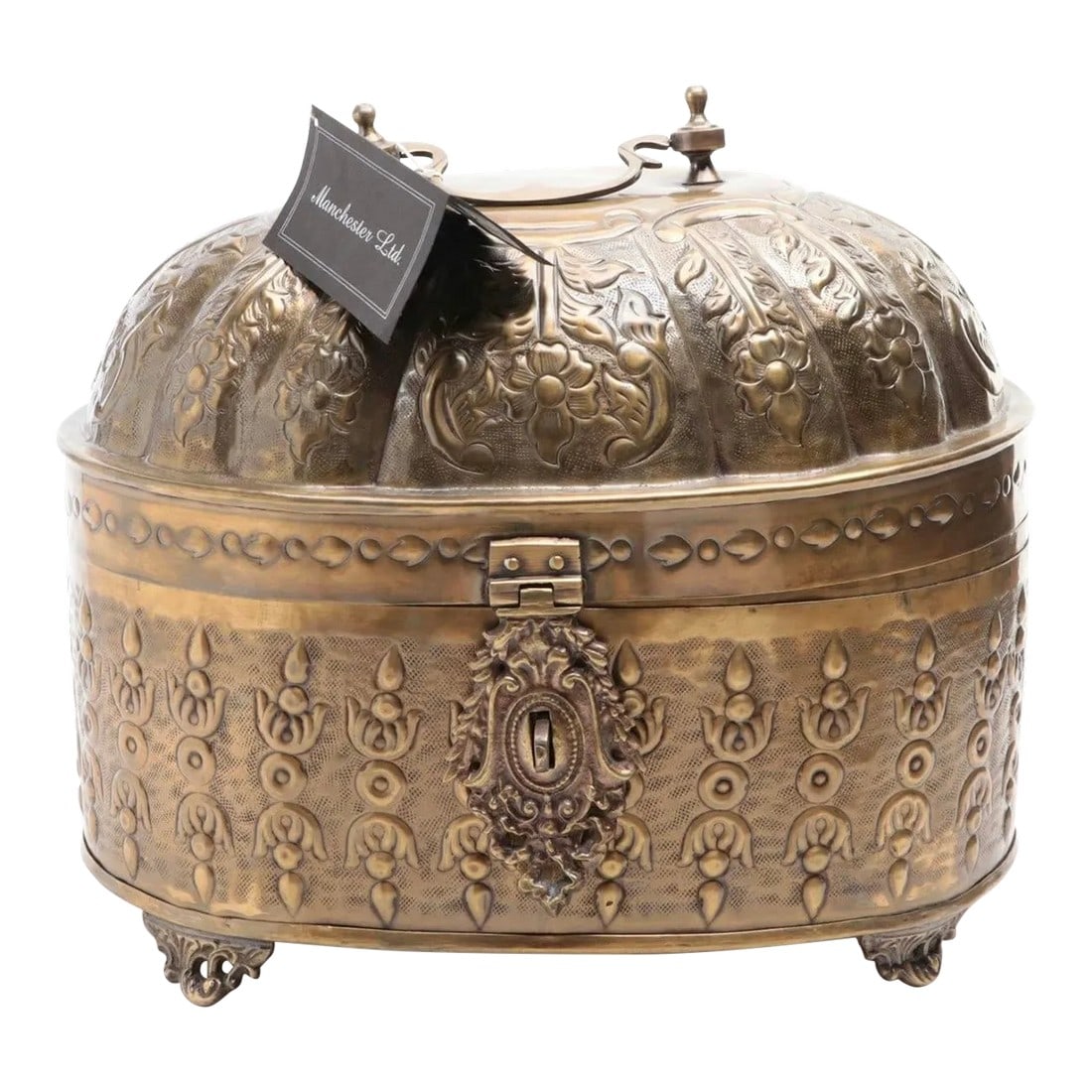 Large Ornate Brass Casket or Table Box: Large, hand hammered brass box that is an absolute eye catcher! The size grabs your attention and then you see the craftsmanship. Hand made by craftsman for Manchester Ltd. The original manufacturers