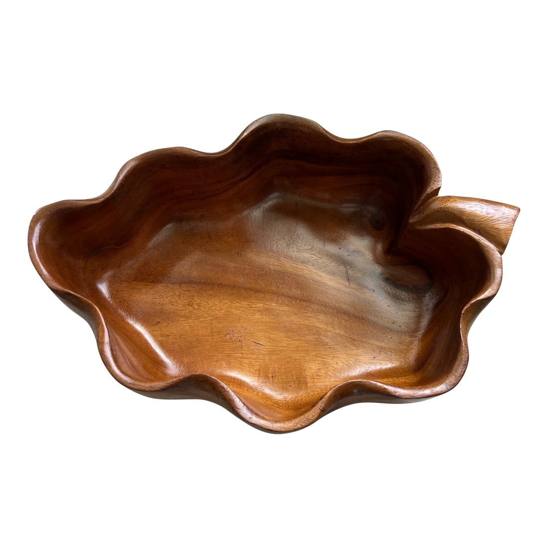 Mid Century Monkey Pod Wood Hawaiian Leaf Shaped Bowl: This large decorative wooden bowl was made in Hawaii in the 1970s. The richness of the monkey pod wood and the large size of this bowl is just stunning. Use on your counter to hold fruit or simply