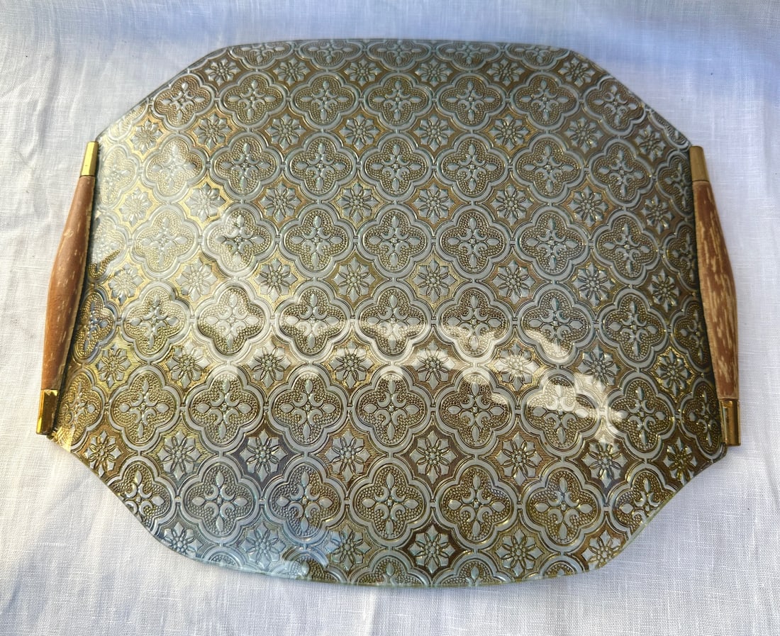 Vintage Georges Briard Gold Embossed Glass Cocktail Tray - 2