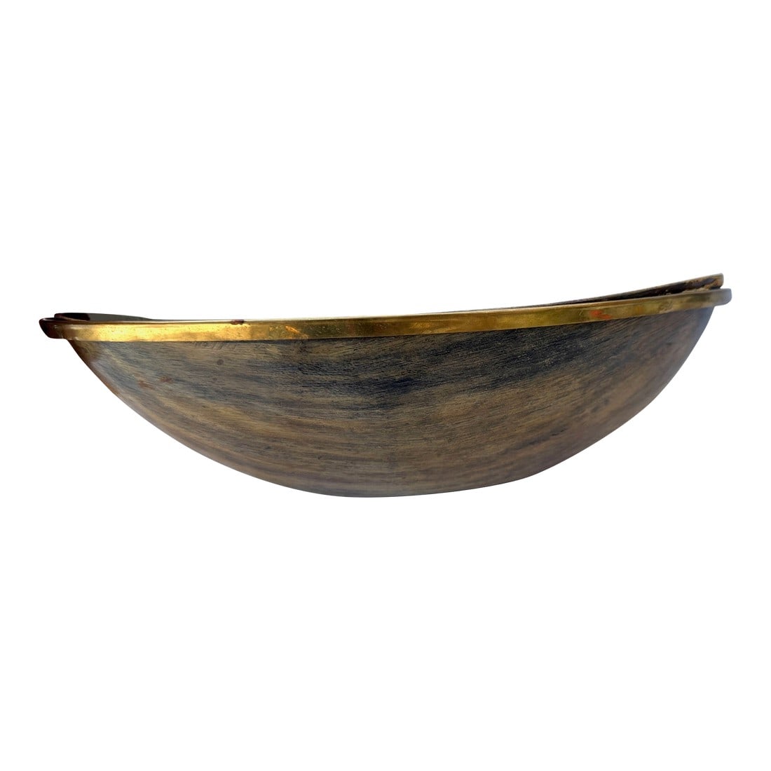 Vintage Oval Bovidae Horn Bowl W/Brass Rim: Amplify the exotic nature of your rustic modern decor with this handsome bowl crafted of authentic horn. This unique bow has a smooth contoured surface featuring various shades of light to dark brown