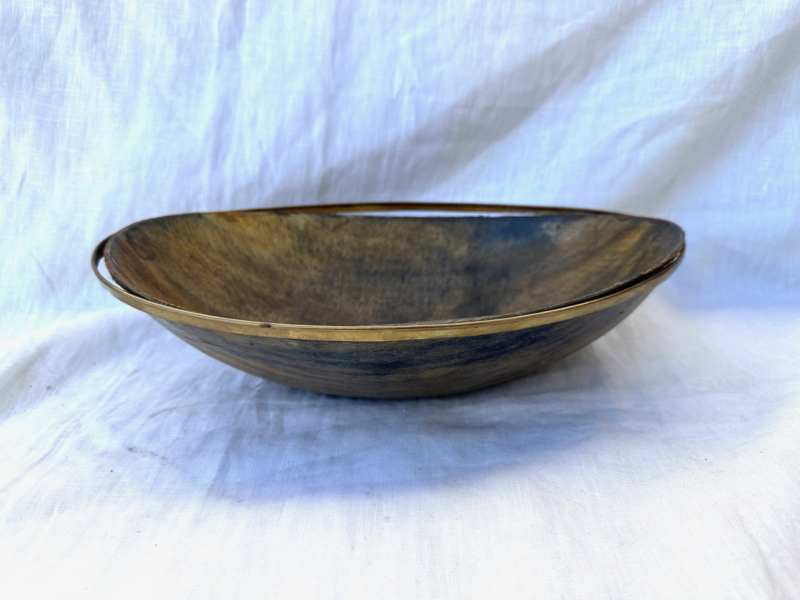 Vintage Oval Bovidae Horn Bowl W/Brass Rim - 3