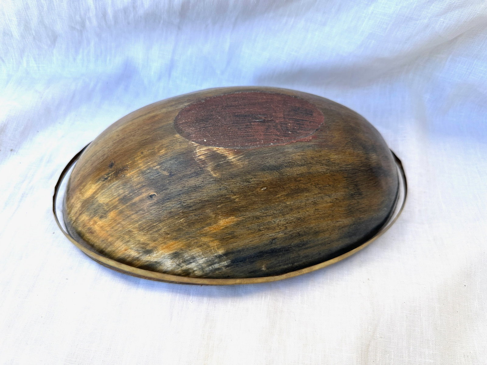 Vintage Oval Bovidae Horn Bowl W/Brass Rim - 4