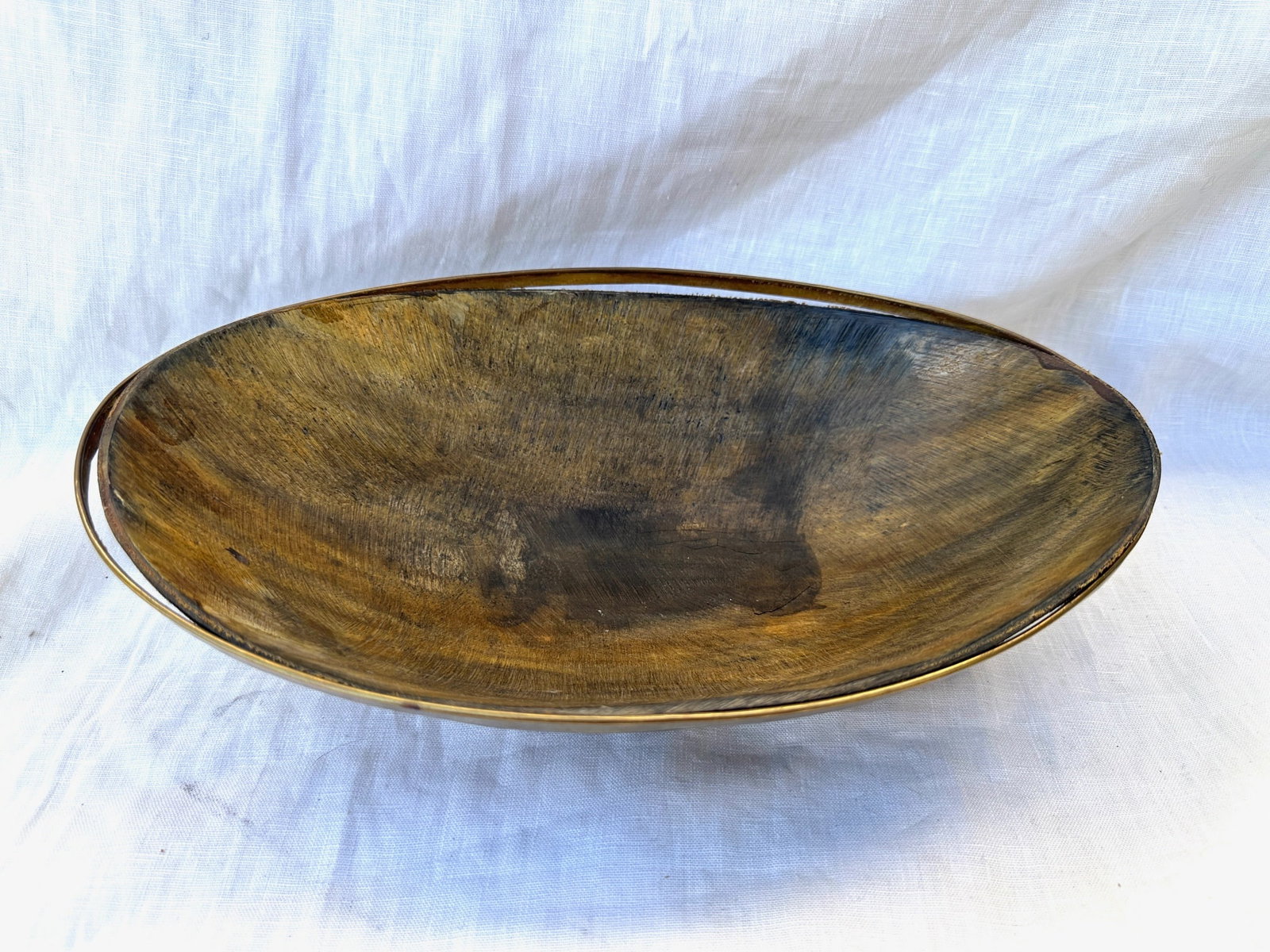 Vintage Oval Bovidae Horn Bowl W/Brass Rim - 5