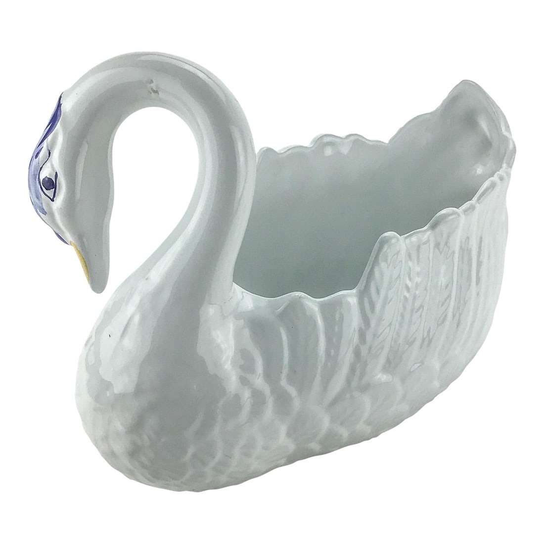 Large Vintage Ceramic Swan Planter: Strike a pose. This pure white beauty will certainly turn heads while serving you and your guests at the table. Use for soup, bread, napkins or a vase of fresh flowers. In perfect condition. 