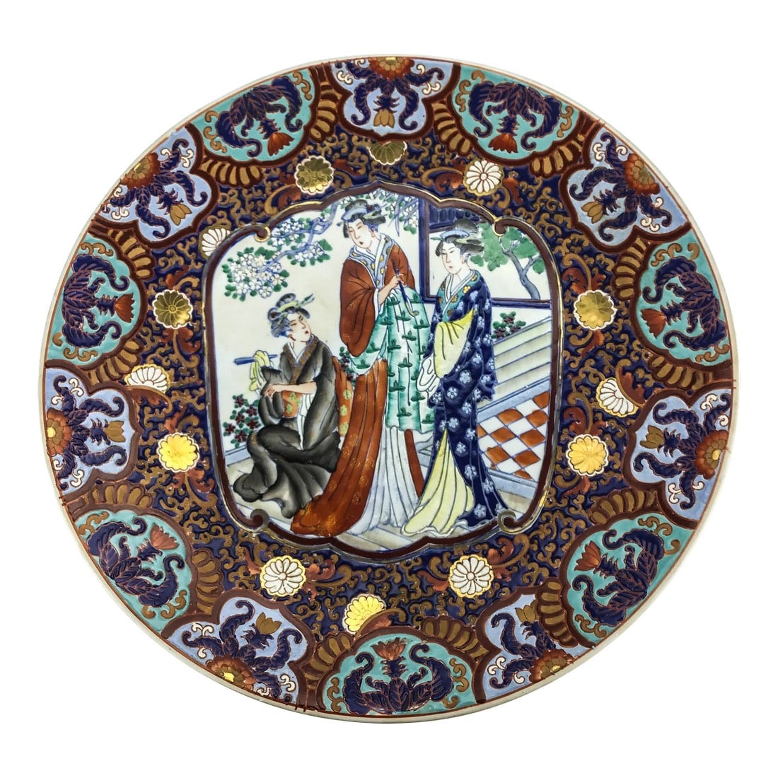 Chinese Famille Rose Mandarin Porcelain Charger: Gorgeous colorful hand painted and potted porcelain plate. Super heavy. In perfect condition except a tiny flea bite on one edge. See photo #8. It's barely noticeable but I always point out any