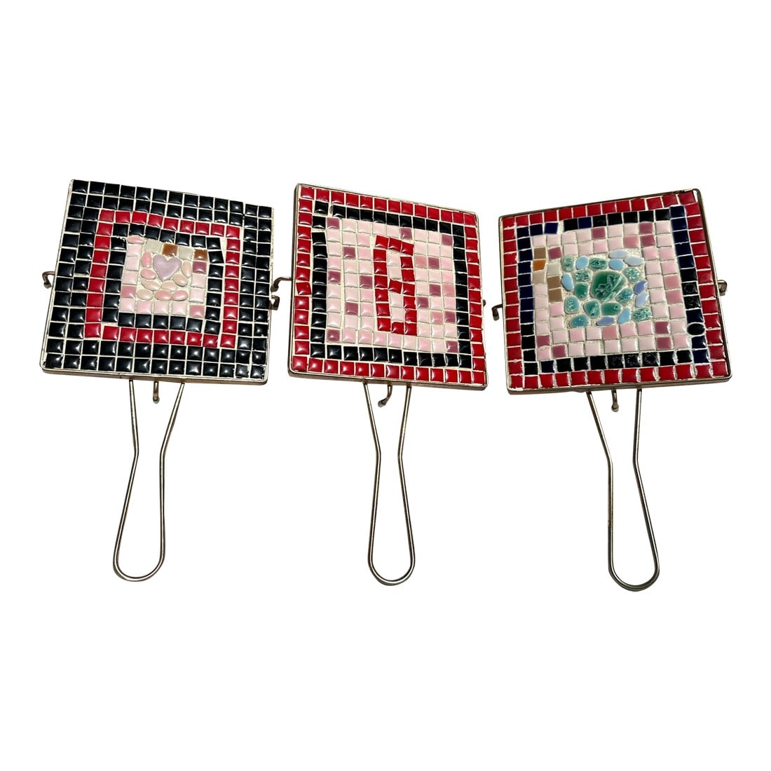 MCM Mosaic Tile Trivet a Set of 3: MCM Mosaic Tile Trivet a set of #3, great for display or use in your mcm home. 6.25in x 6.25 x 12in long 7in x 7in to prongs Make sure to follow me, I have flash sales for my followers only B1 