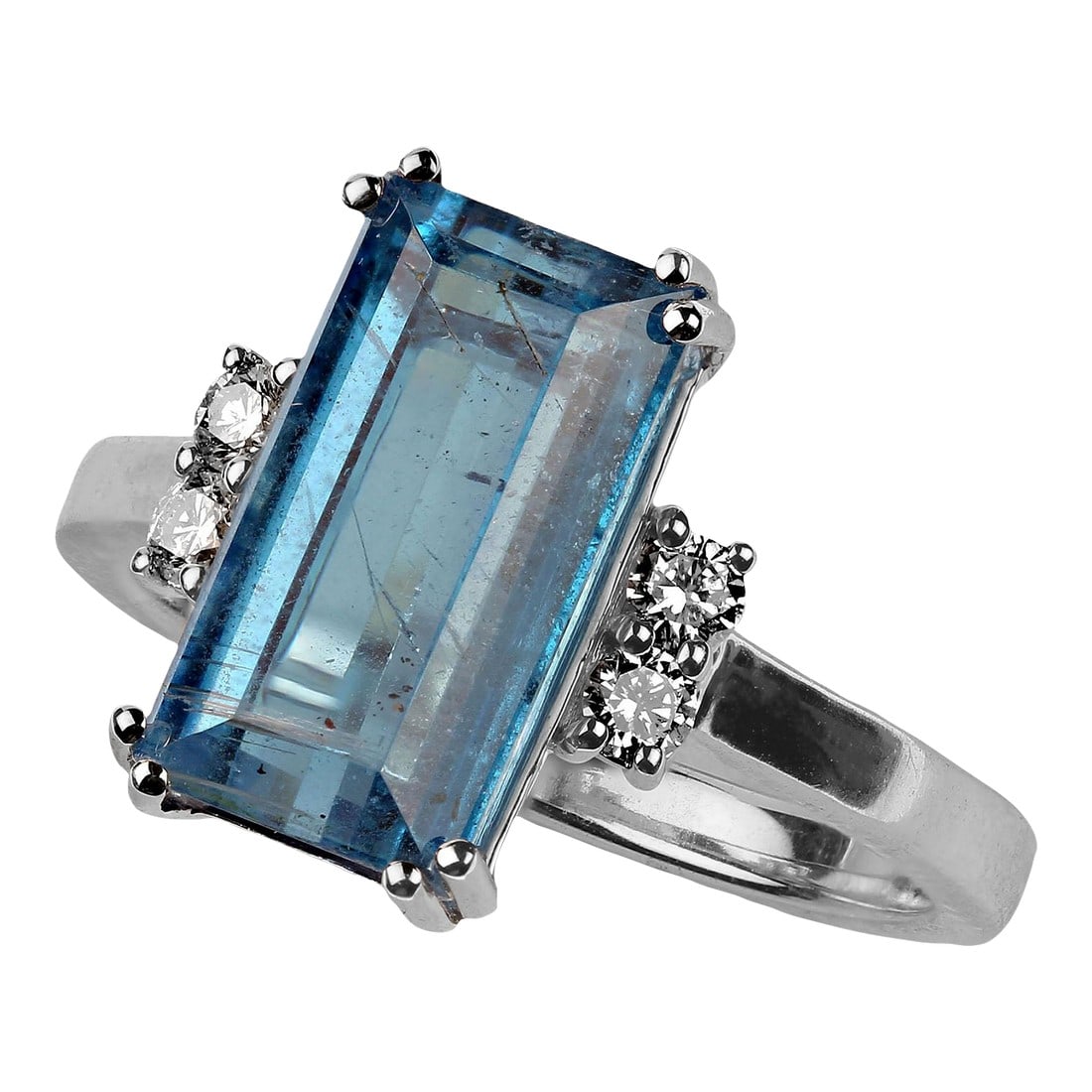 AJD Blue Tourmaline Accented With Sparkling White Sapphires Size 7: This is part of Chairish's Fine Jewelry assortment. Elegant Emerald Cut Blue Tourmaline Ring with Sparkling Sapphires in 14K White Gold Discover the exquisite beauty of our emerald cut blue