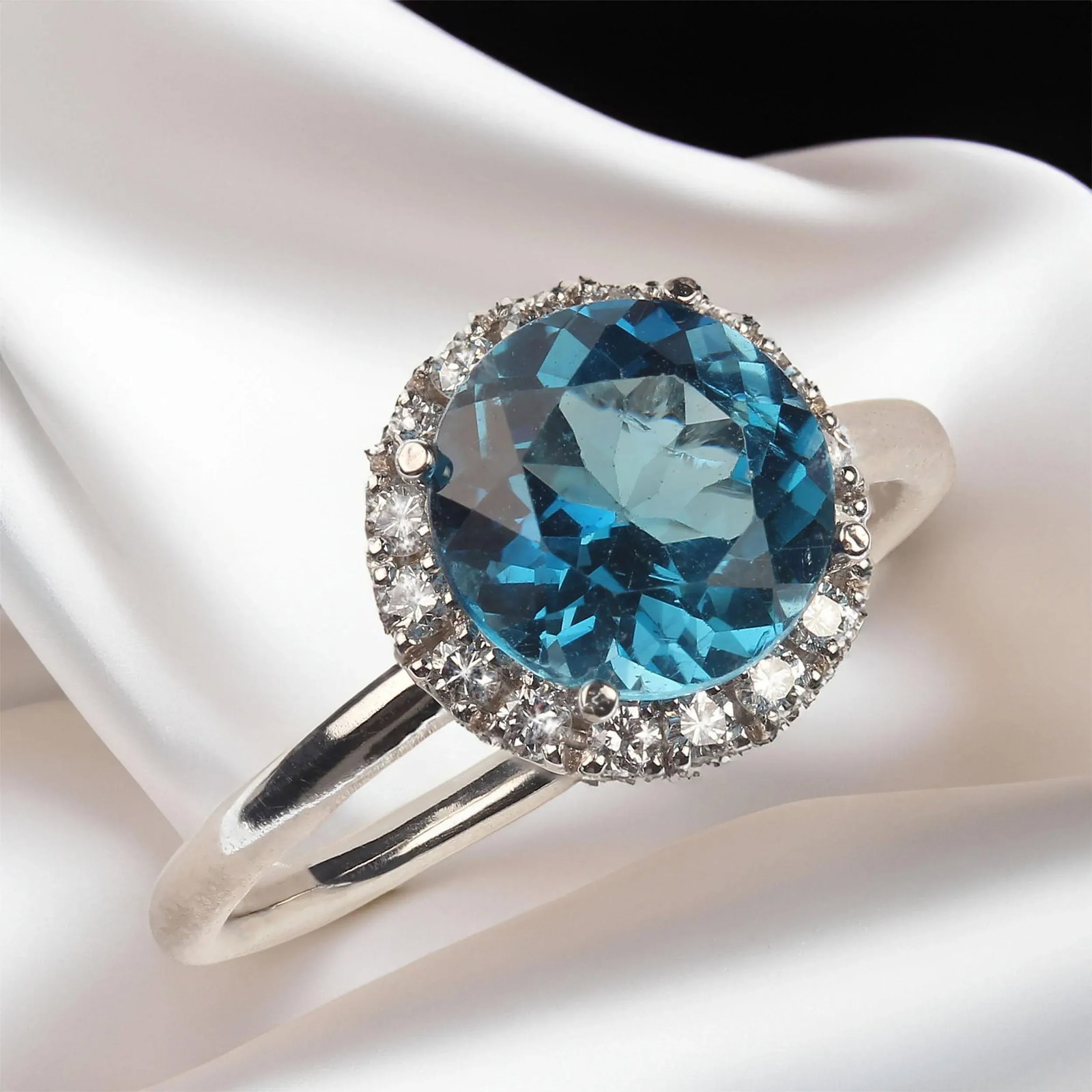 Blue Topaz and Diamond 14k White Gold Ring Size 6.5 - 6