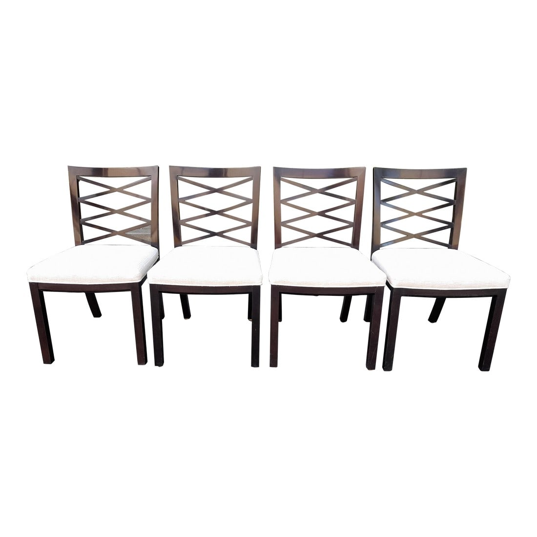 Set of 4 Councill Furniture X Back Dining Chairs Newly Upholstered in Performance Chenille: Classic and Elegant these dining chairs are in a dark brown high gloss finish that reads almost black. These have been recovered in a textured performance fabric from Lewis and Sheron in Atlanta.
