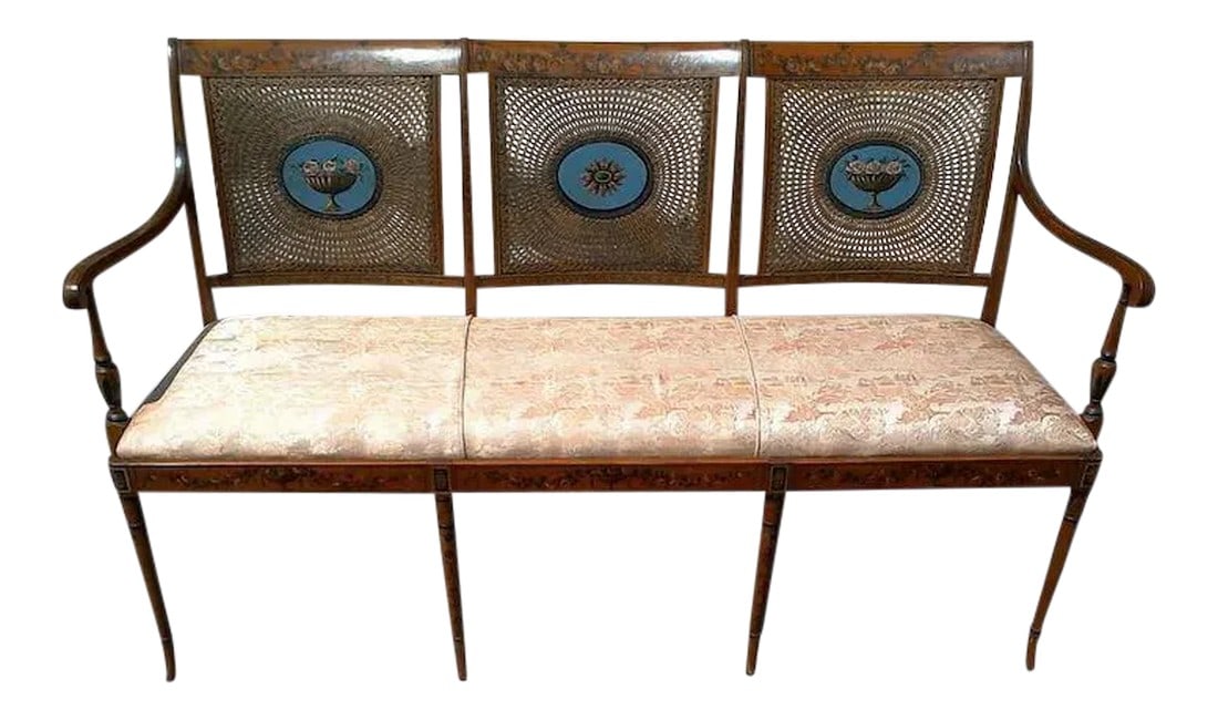 Edwardian Satinwood Painted Cane Back Open Arm Settee (1 of 11)