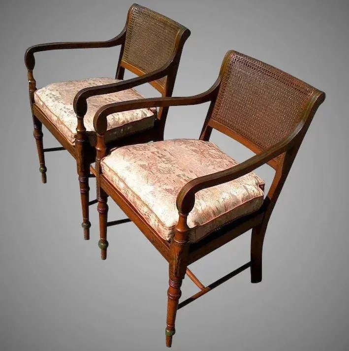 Edwardian Satinwood Painted Cane Seat Open Armchairs - a Pair - 11
