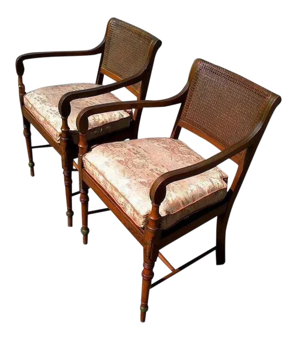 Edwardian Satinwood Painted Cane Seat Open Armchairs - a Pair: Beautiful, exquisite and delicate are just some of what comes to mind when viewing this pair of chairs. Edwardian style chairs with delicate floral decorations to the frame in the Adams style, with