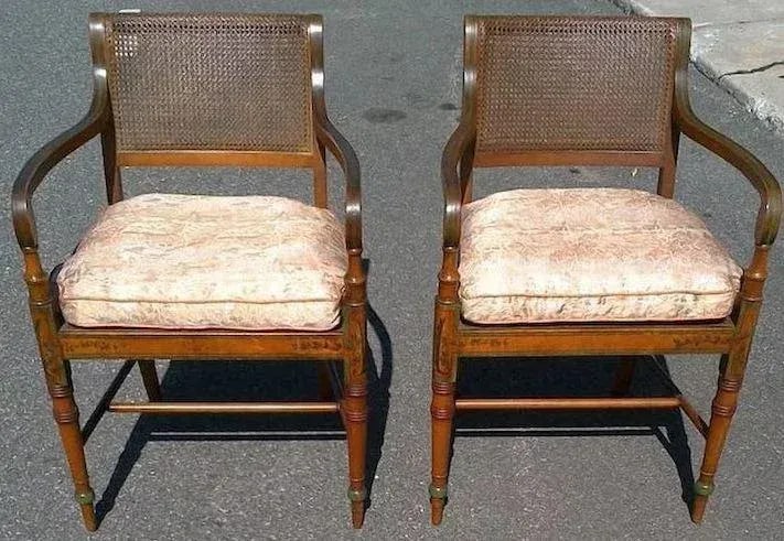 Edwardian Satinwood Painted Cane Seat Open Armchairs - a Pair - 4