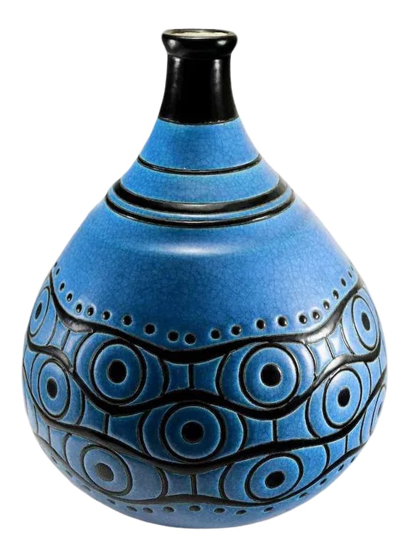 Art Deco Large Longwy France Atelier Primavera Vase: This is a wonderful large (11 inches tall by about 10 inches wide) bulbous vase with a fabulous art deco pattern in teal blue Egyptian faience craquelure and raised black fired on enamel. Unfortunatel