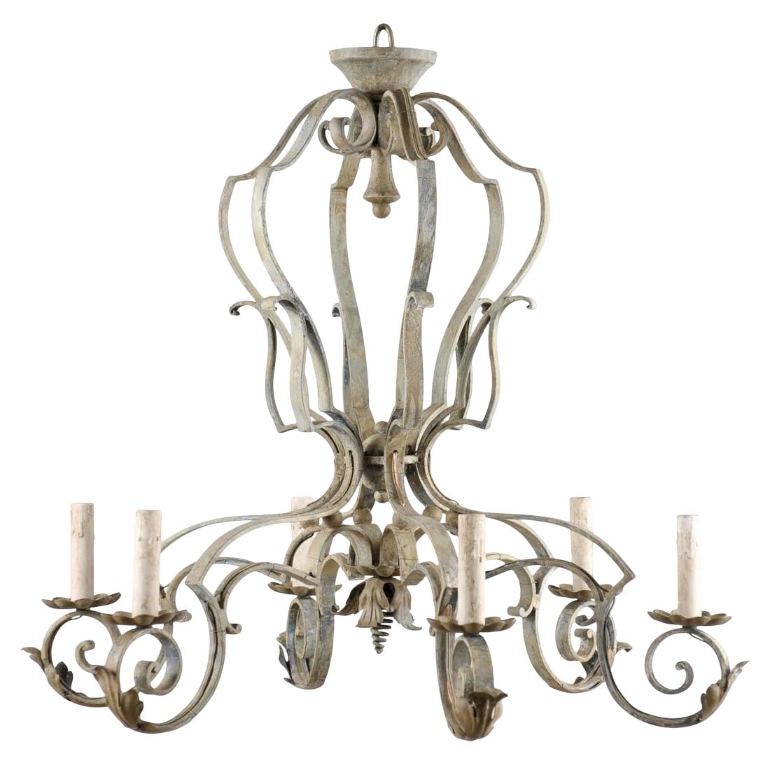 French Mid-20th Century Painted Six-Light Chandelier: A French painted iron six-light chandelier. This French vintage mid-20th century chandelier is made of a scrolled armature and arms. Acanthus leaves decorate the arms under the flower-shaped