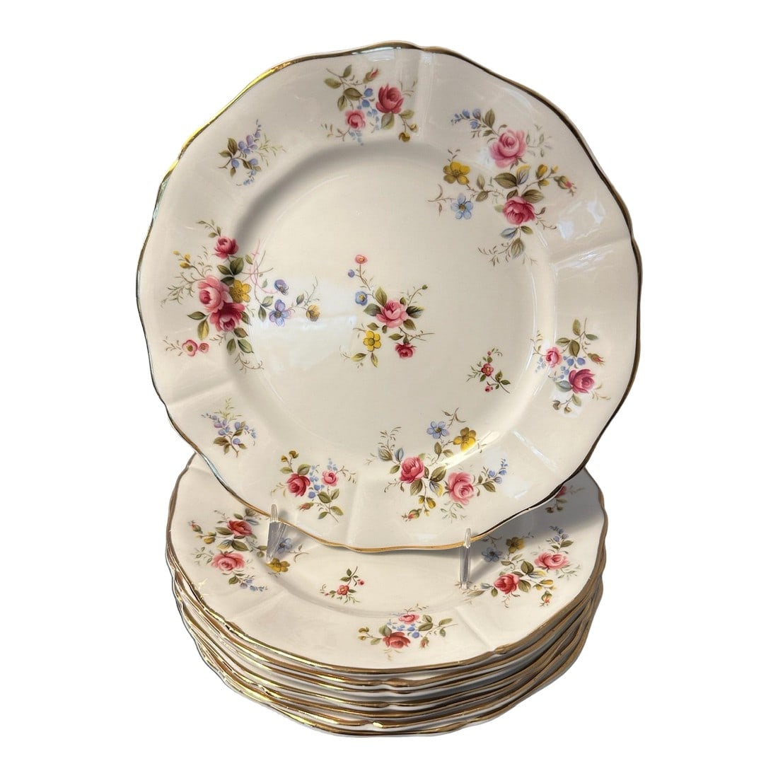 1970s Tenderness Royal Adderley Fine Bone China Ridgeway Salad Plates, Made in England- Set of 8: Set of 8 salad plates. 7.75" round Ridgeway Potteries Ltd Royal Adderley Fine Bone China Made in England Excellent condition Roses, Blue&Yellow Flowers adorn fine bone china with Gold Trim 