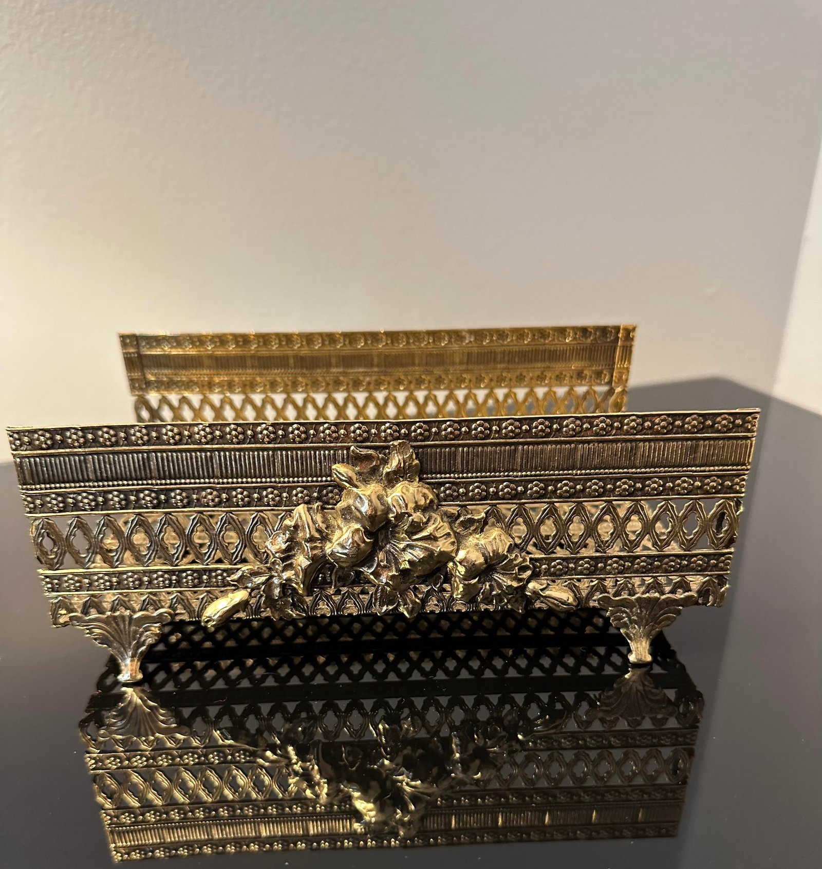 Vintage Gold Tone Filigree Metal Tissue Box - 3