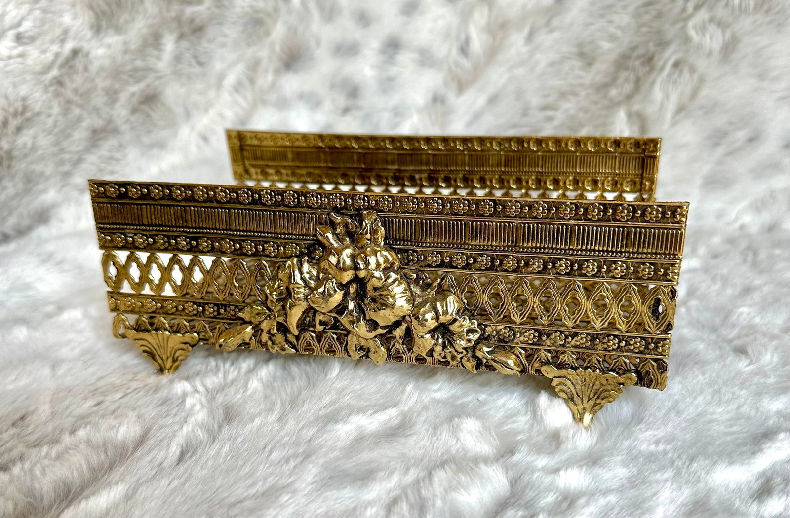 Vintage Gold Tone Filigree Metal Tissue Box - 4
