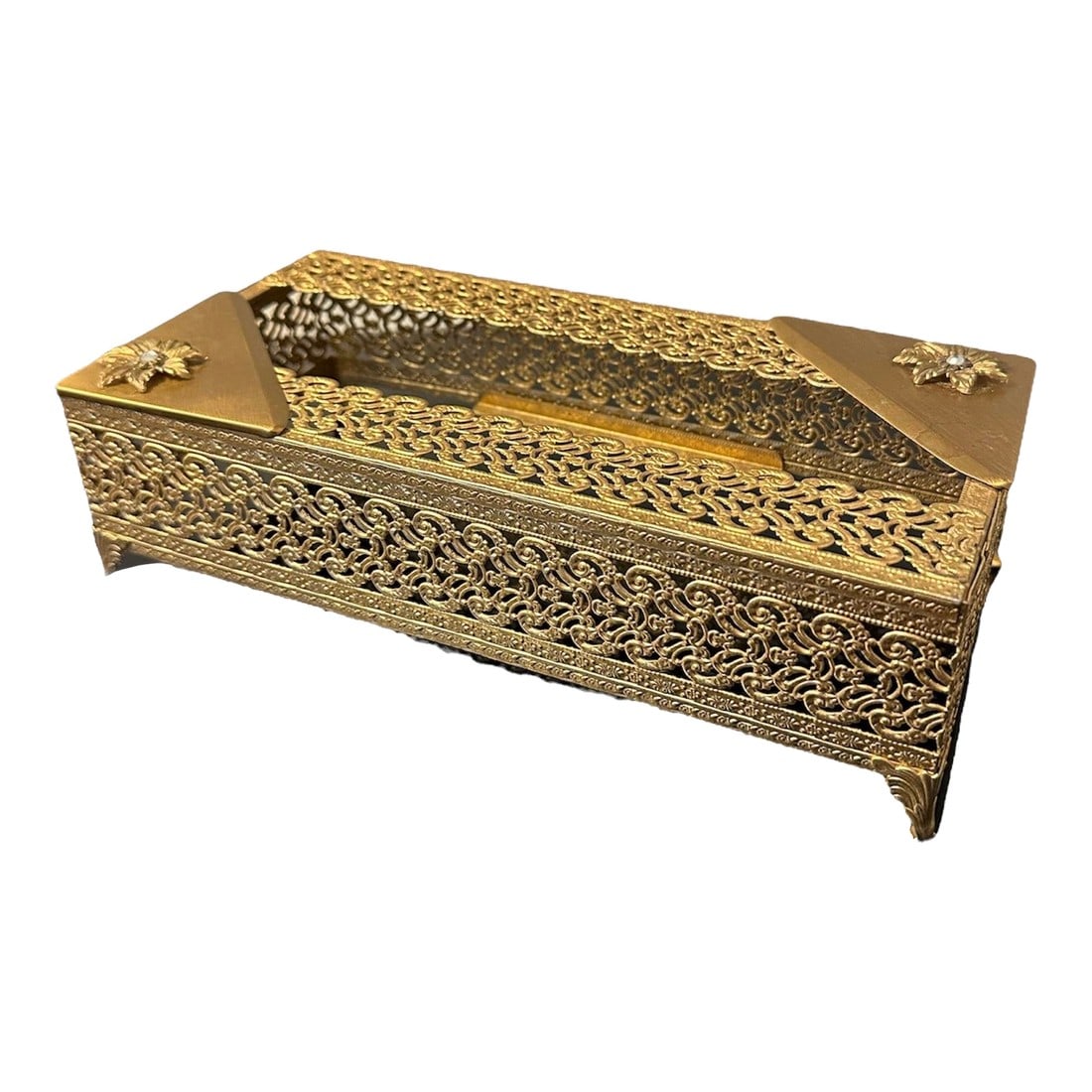 Vintage Gold Tone Filigree Metal Tissue Box Cover: Mid-century filigree gold tone metal tissue box holder Floral appliqué on two corners with faux crystal century. Great Hollywood Regency style Condition: Alterations: Original Condition