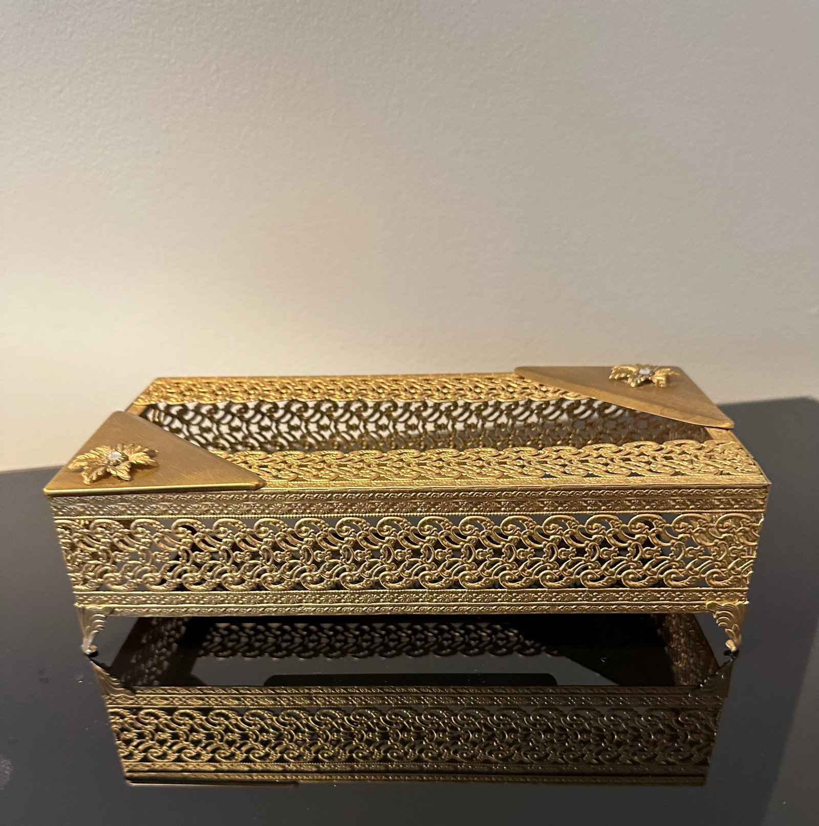 Vintage Gold Tone Filigree Metal Tissue Box Cover - 3