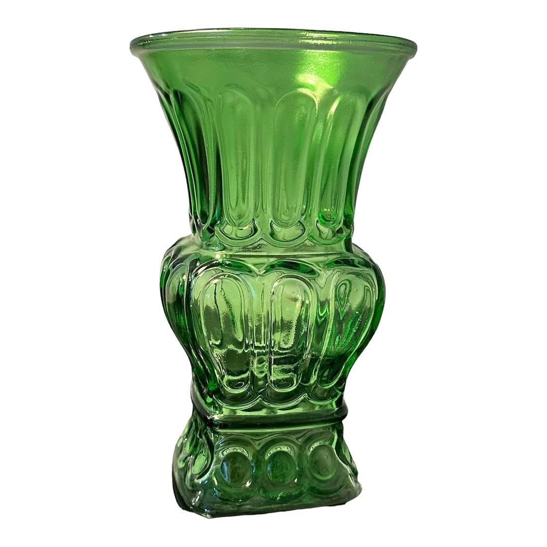 Vintage Art Deco Grecian Roman Green Glass Vase: 1970s Glass Vase in Emerald Green A Grecian-Roman body with flared top to accentuate your bouquet. Excellent Condition Accent piece that is as attractive with or without flowers. Condition: Alteration
