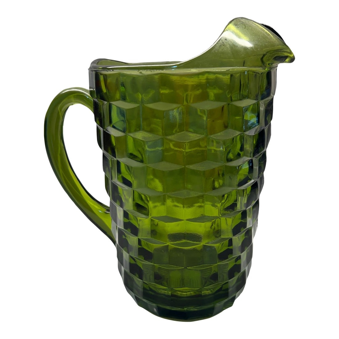 Mid Century Avacado Green Pitcher by Indiana Glass Whitehall Cubist: Avacado green glass pitcher in the Whitehall cubist pattern. Just love the color!! Made by Indiana Glass Condition: Alterations: Original Condition Unaltered Imperfections: Some Imperfections