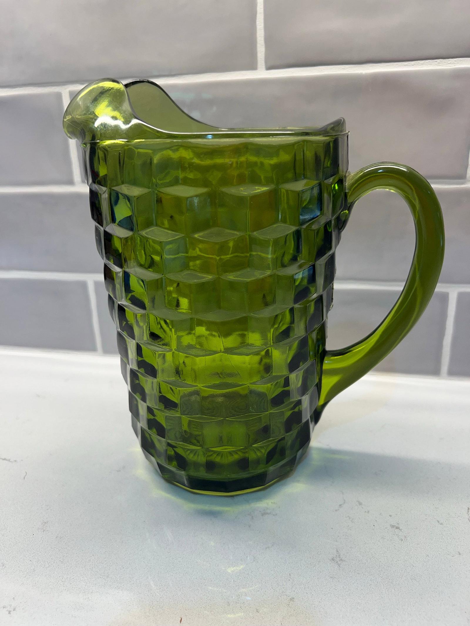 Mid Century Avacado Green Pitcher by Indiana Glass Whitehall Cubist - 2