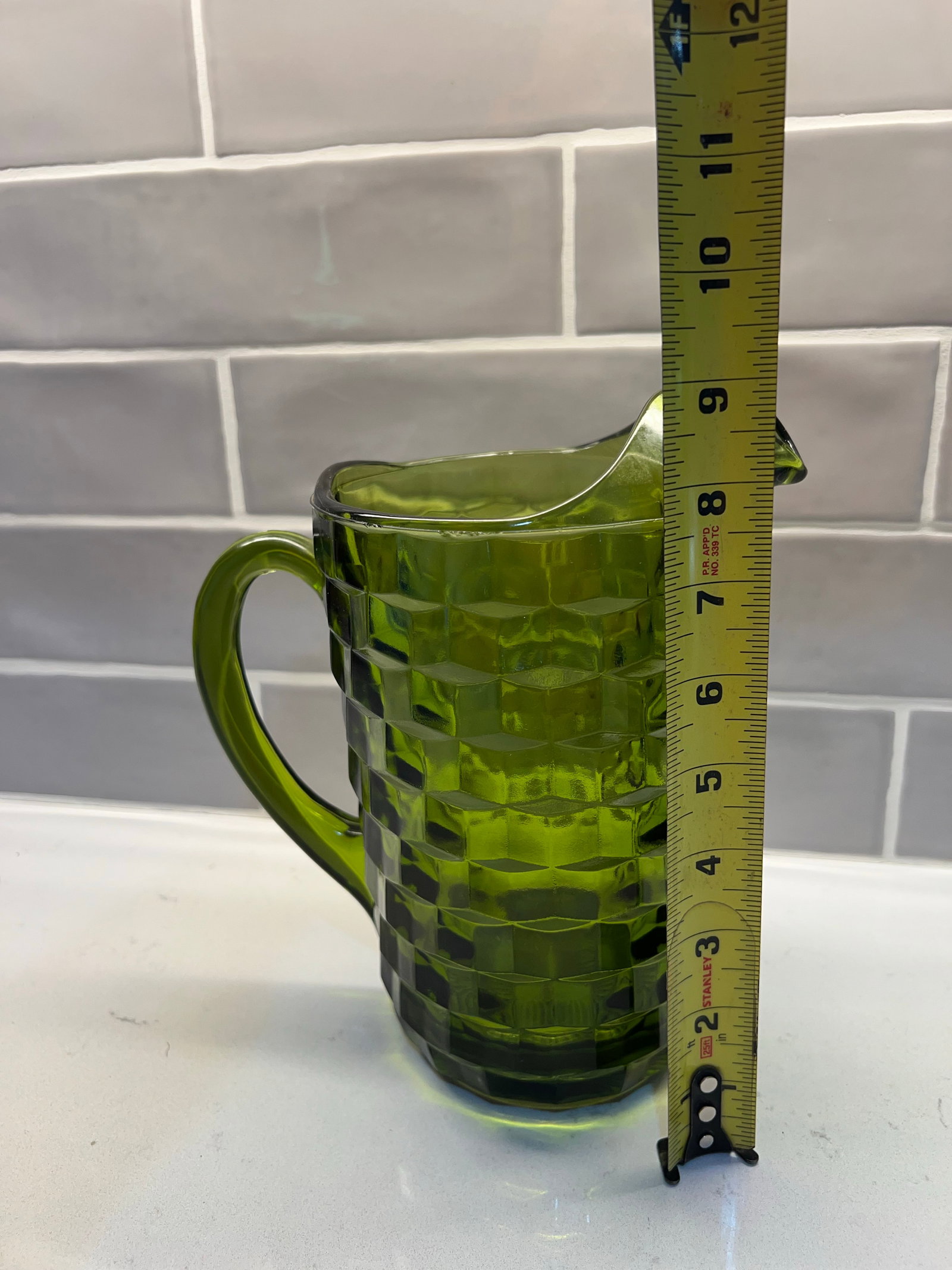 Mid Century Avacado Green Pitcher by Indiana Glass Whitehall Cubist - 3