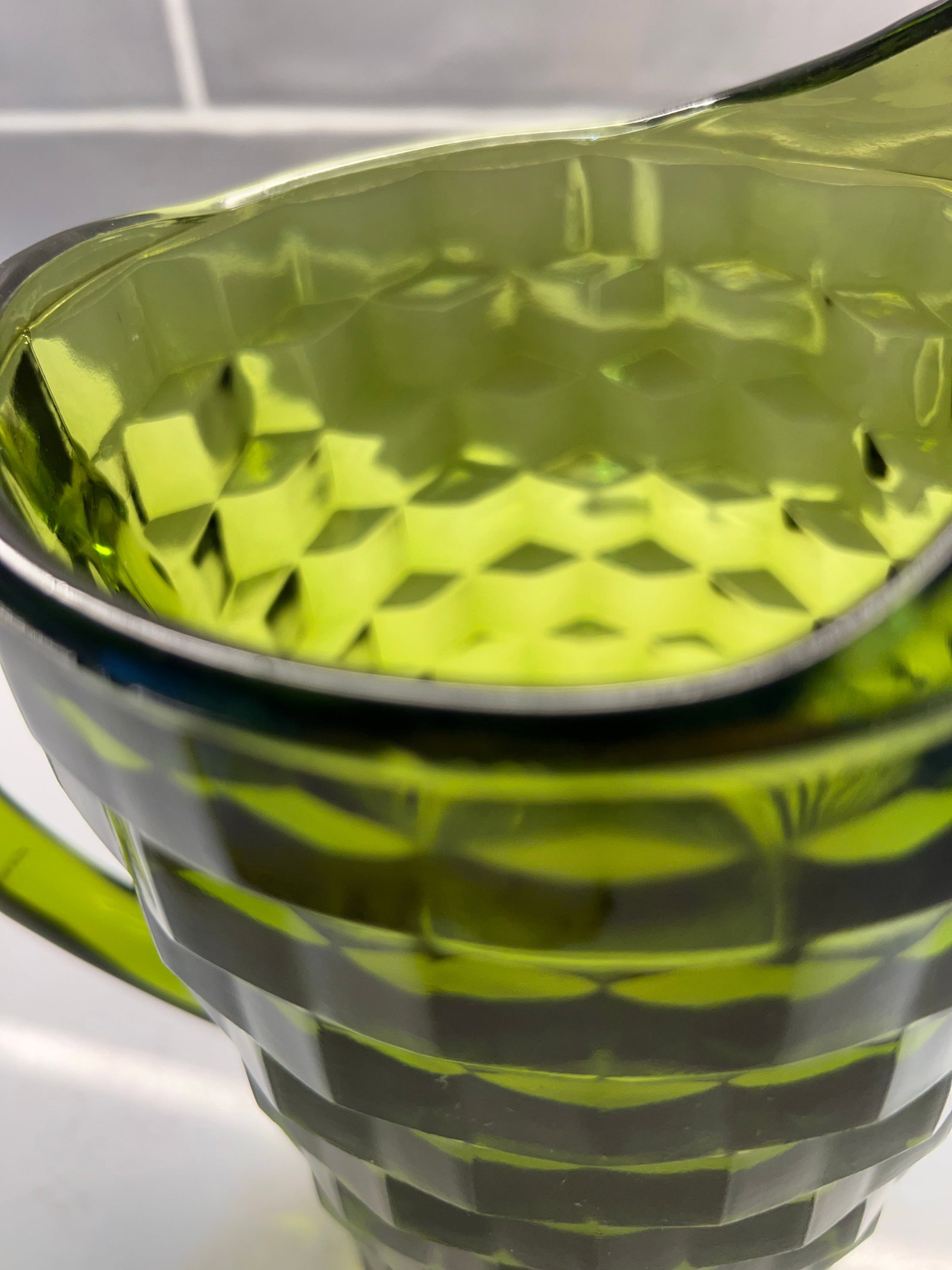 Mid Century Avacado Green Pitcher by Indiana Glass Whitehall Cubist - 4