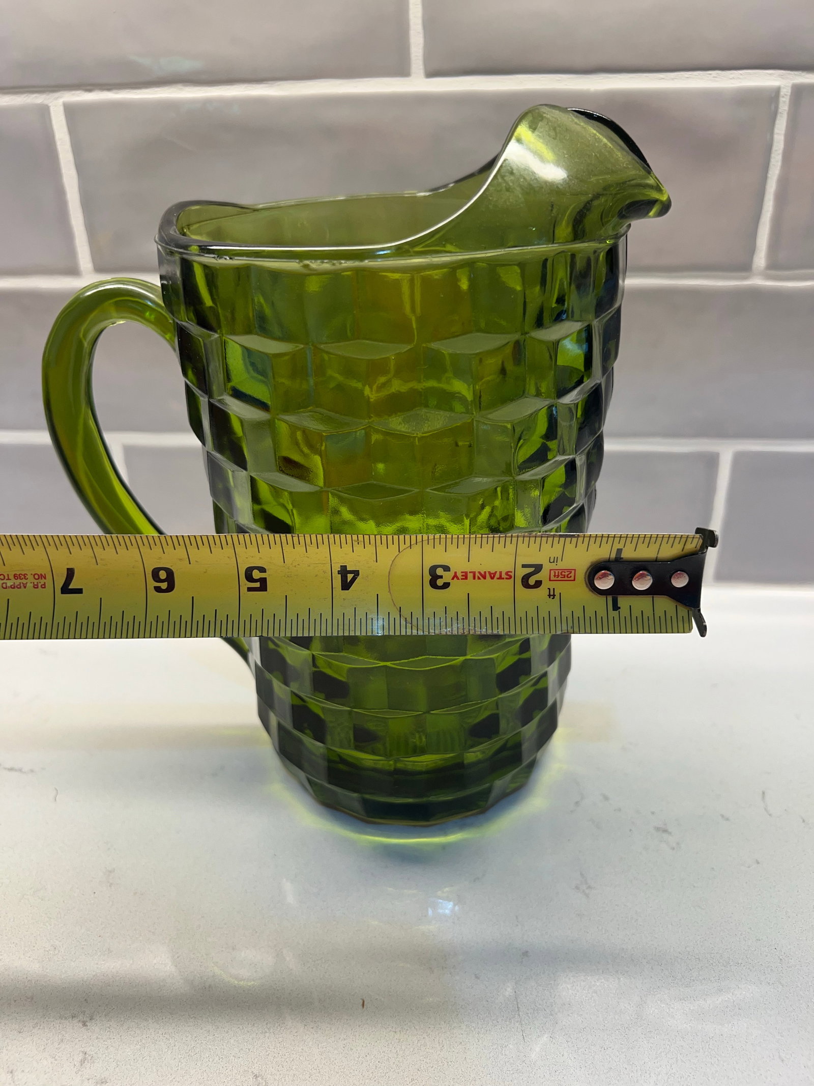 Mid Century Avacado Green Pitcher by Indiana Glass Whitehall Cubist - 5