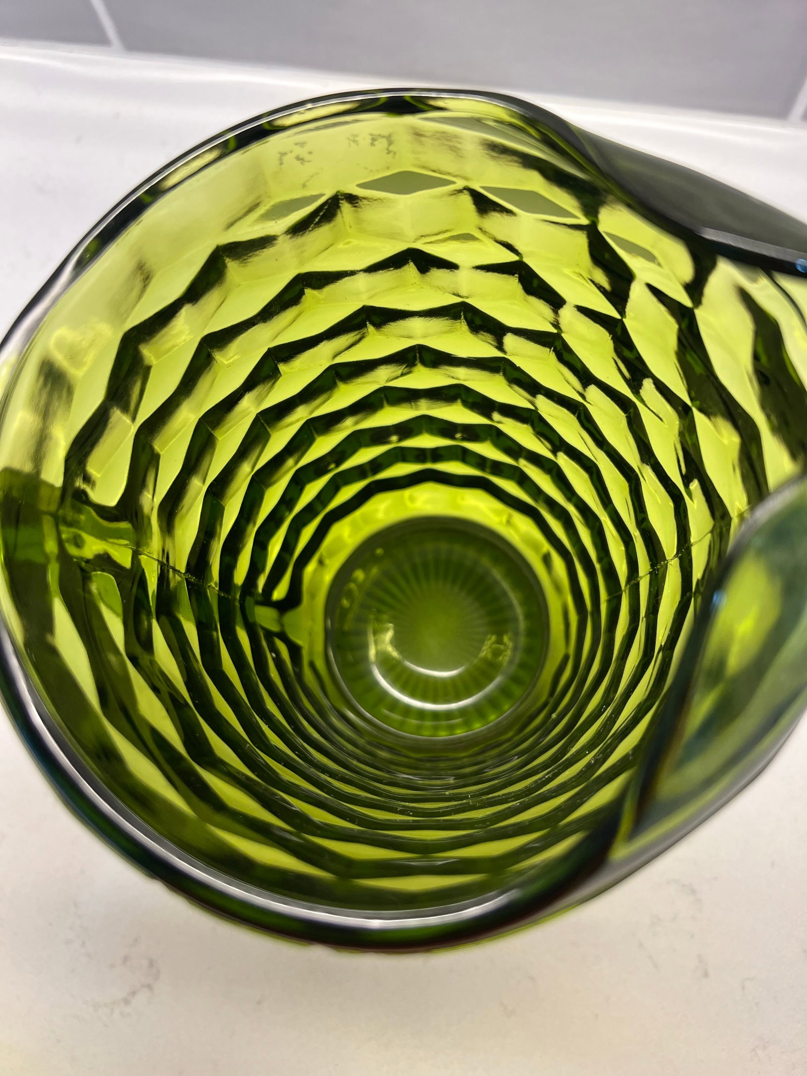 Mid Century Avacado Green Pitcher by Indiana Glass Whitehall Cubist - 6