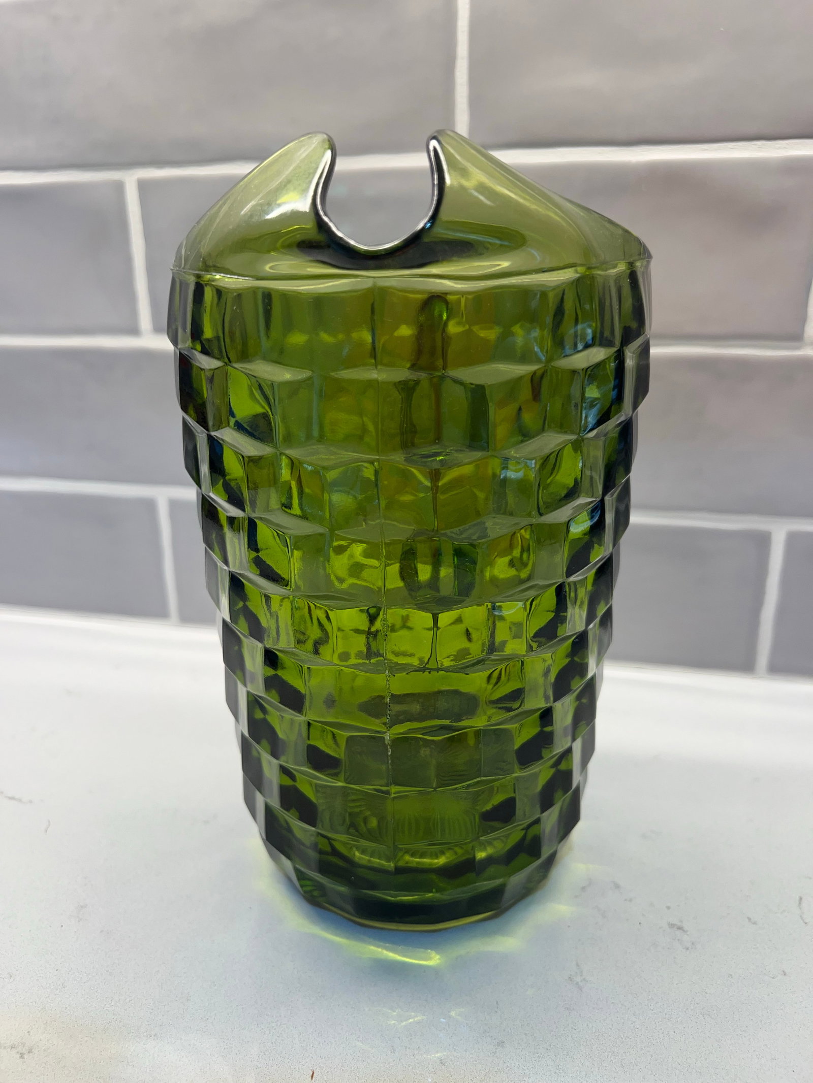 Mid Century Avacado Green Pitcher by Indiana Glass Whitehall Cubist - 7