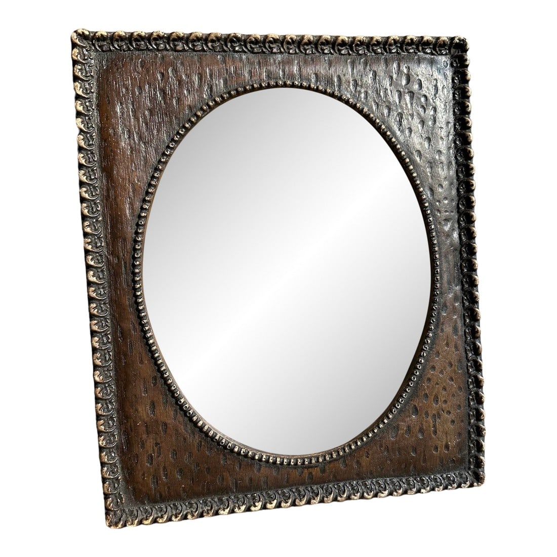 Late 20th Century African Safari Style Oval Tabletop Picture Frame: Vintage African design resin picture frame Faux wood spotted carved elements accentuated by outside swirling shell design and interior oval rimmed with beading shell design. Frame 9.75" wide x