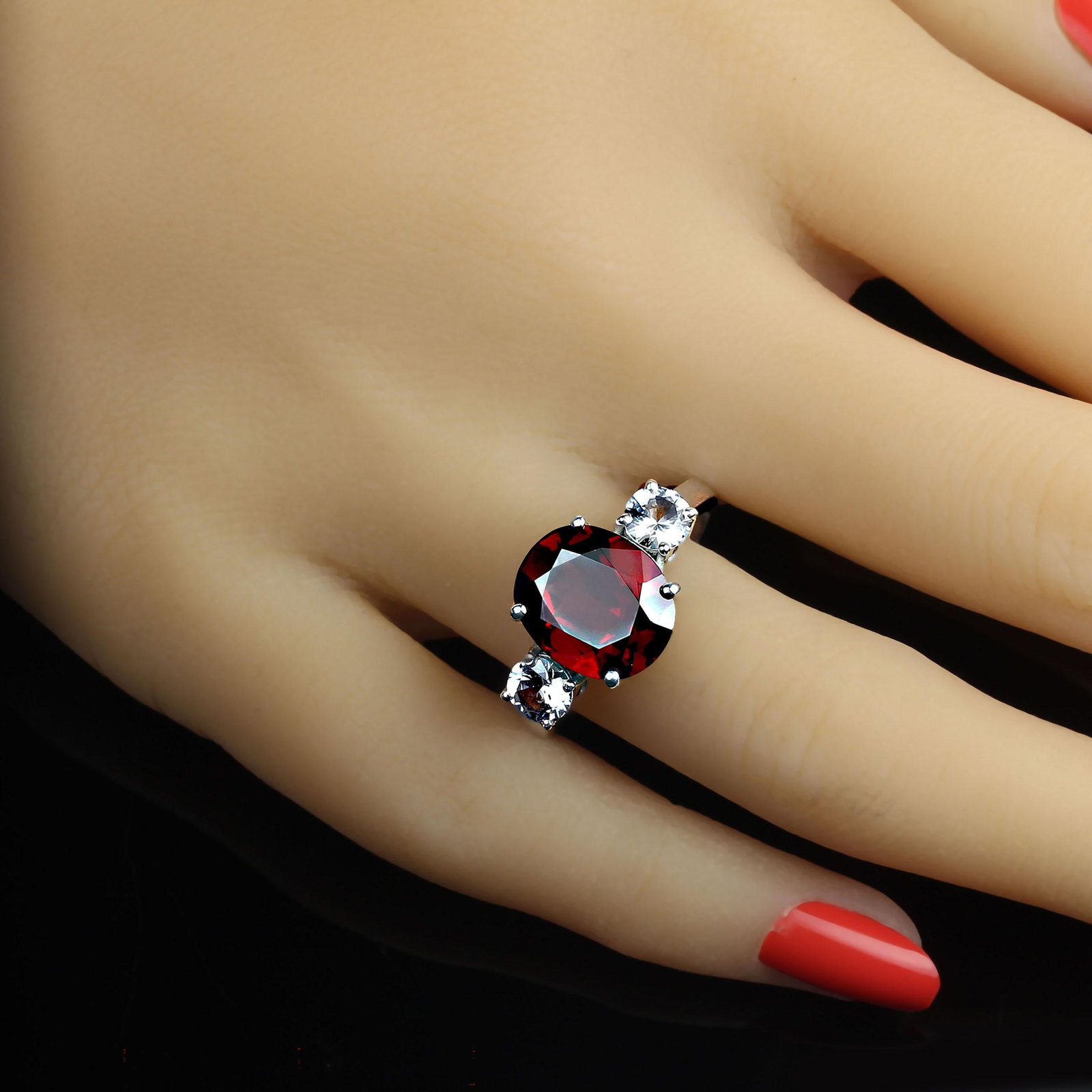 Classic Three Stone Ring of Garnet and White Sapphires Size 8 - 2