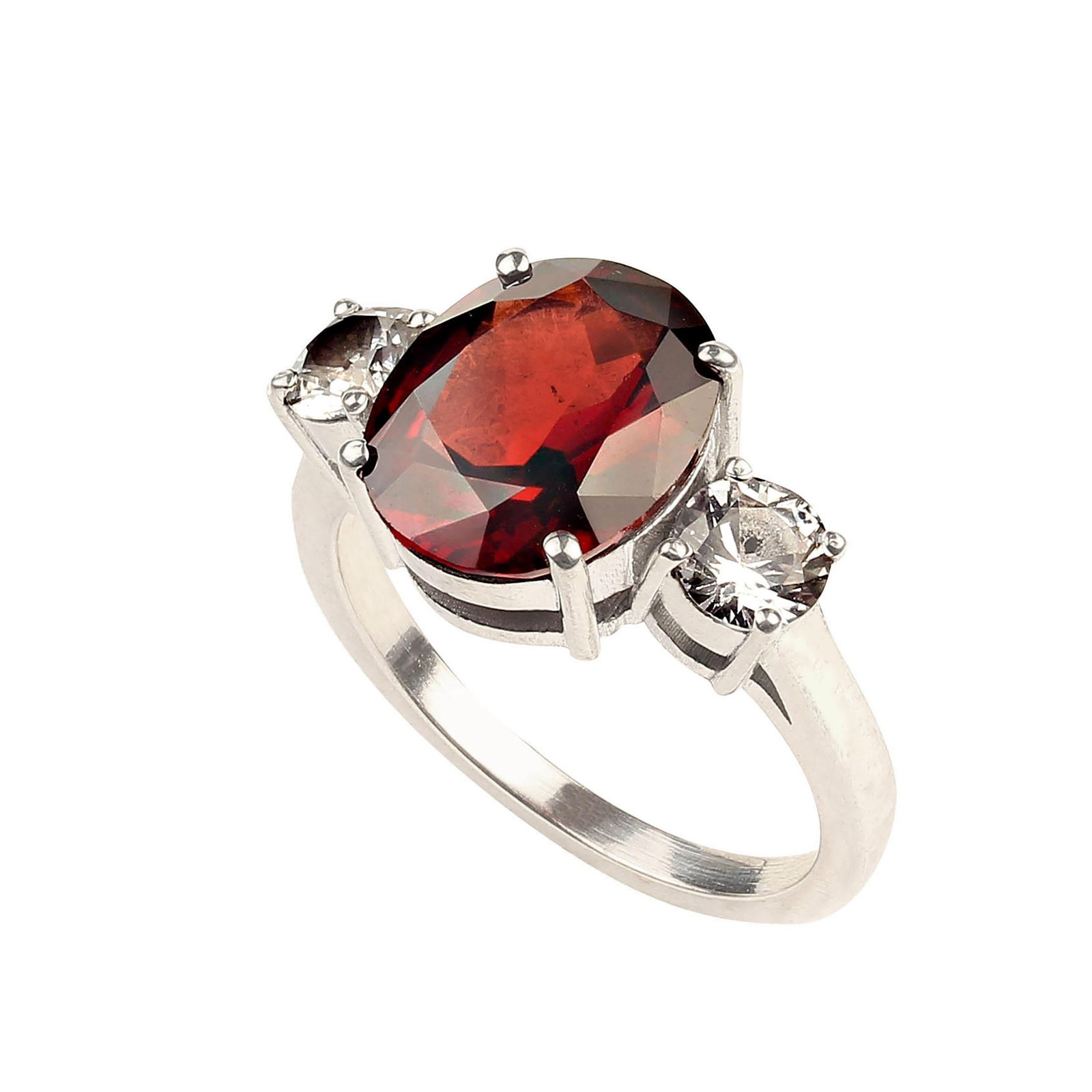 Classic Three Stone Ring of Garnet and White Sapphires Size 8 - 4