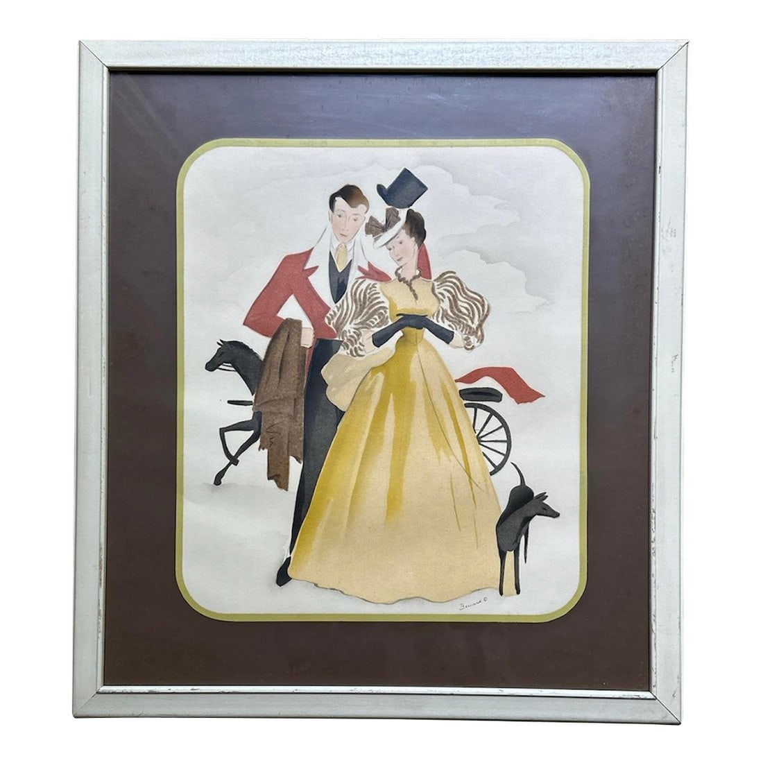 1950's Victorian Scene Bernard Picture Company Airbrush Watercolor Print, Framed: Beautiful Hand Colored Bernard Screengraphed and Airtoned by hand. Bernard Picture Company N.Y.C. Popular in the 1940's and 50's and sold in fine furniture and department stores. Studio artists