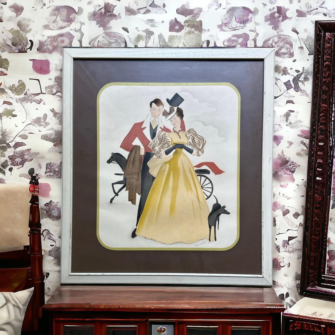 1950's Victorian Scene Bernard Picture Company Airbrush Watercolor Print, Framed - 2