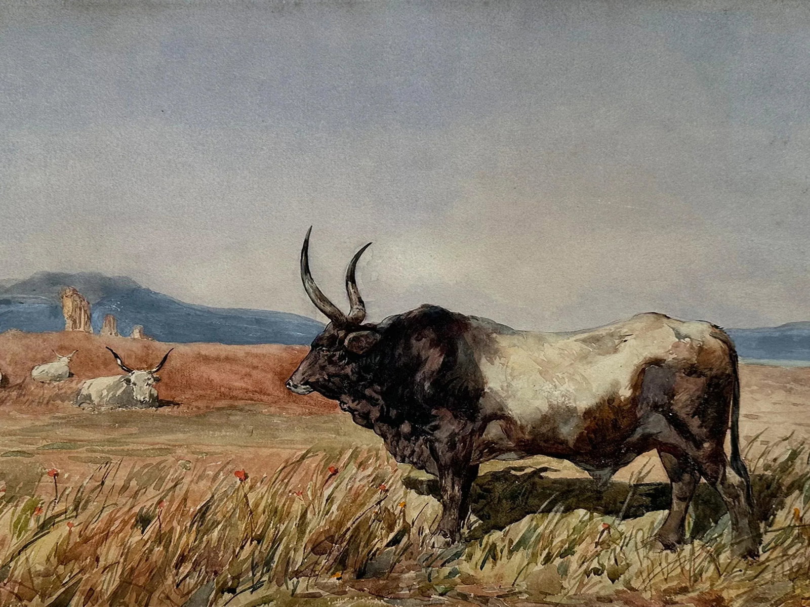 1800s Antique Longhorn Bull Painting Watercolor on Paper by Leopoldo Mariotti - 2
