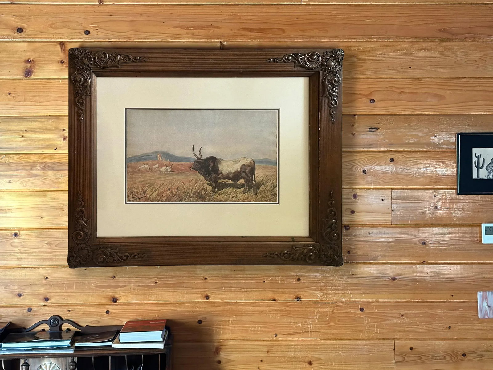 1800s Antique Longhorn Bull Painting Watercolor on Paper by Leopoldo Mariotti - 3